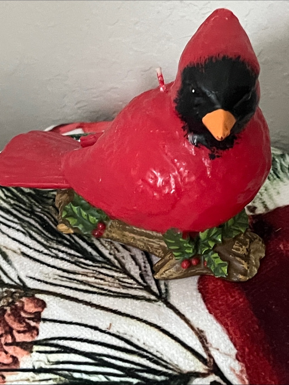 Figural Contemporary Red Cardinal Decorative Bird Candle on Branch w Holly